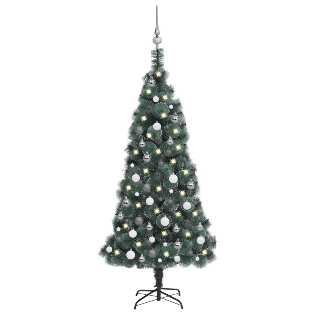  Plastgran med LED och julgranskulor grön 150 cm PVC&PE