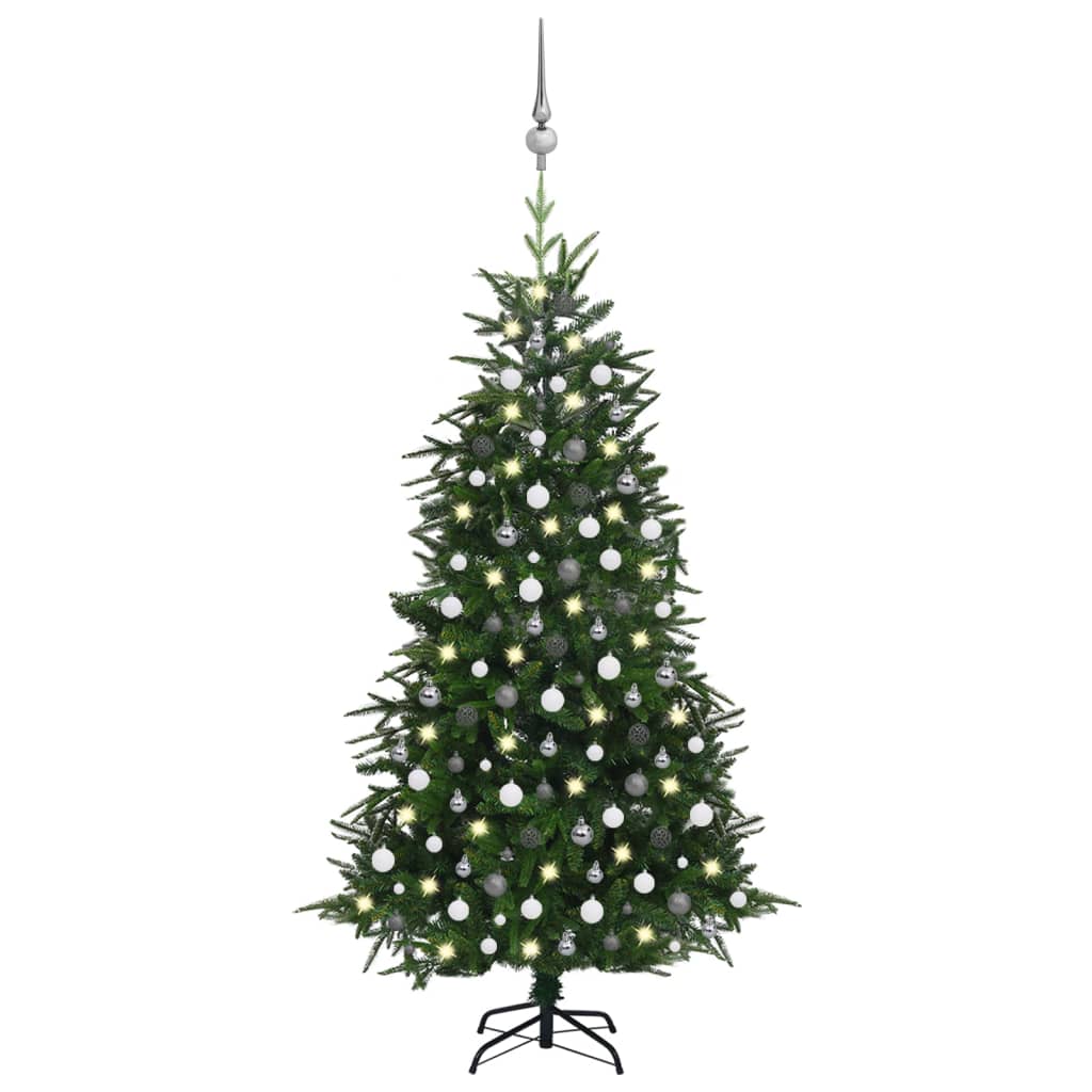  Plastgran med LED och julgranskulor grön 240 cm PVC&PE