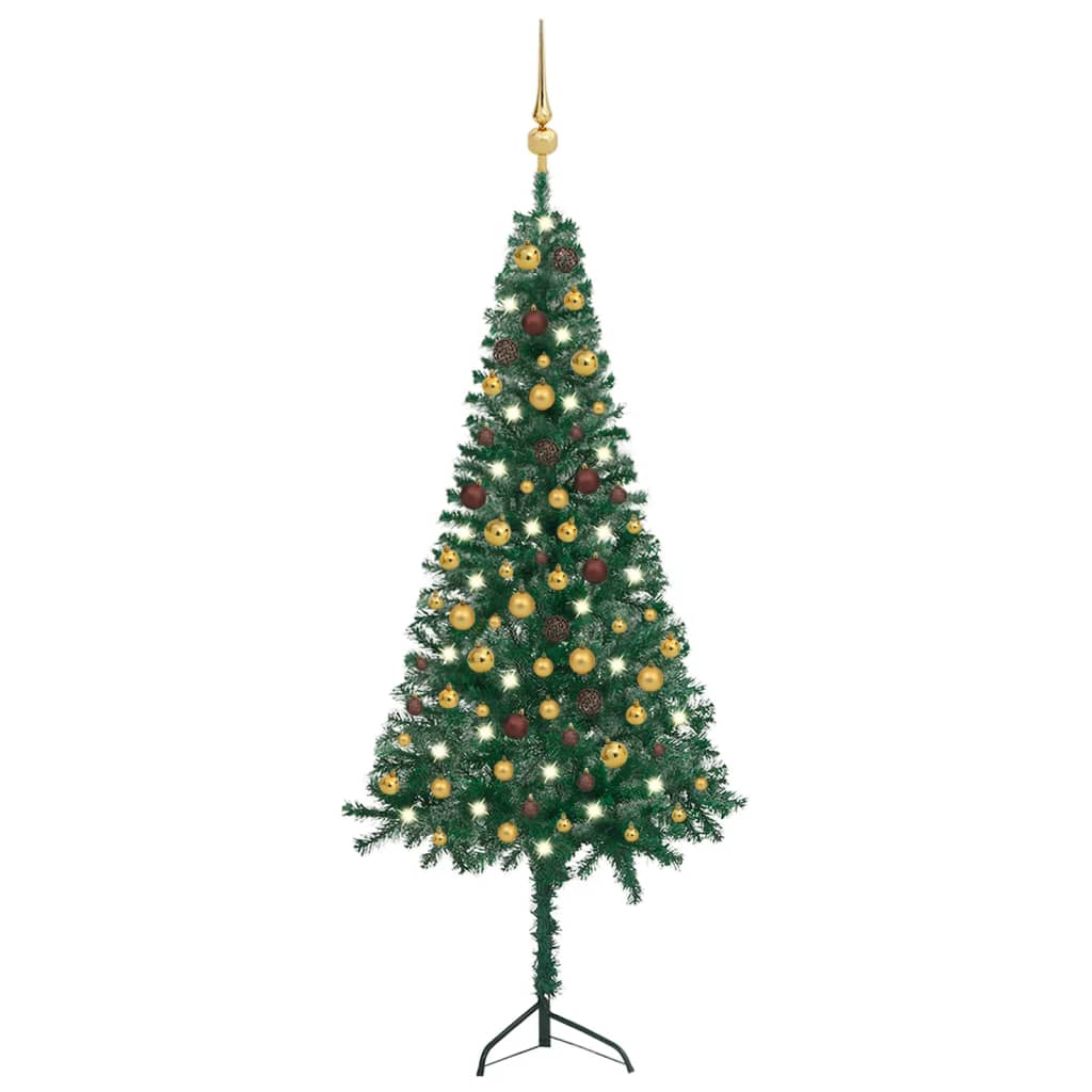  Plastgran för hörn med LED och julgranskulor grön 180 cm PVC