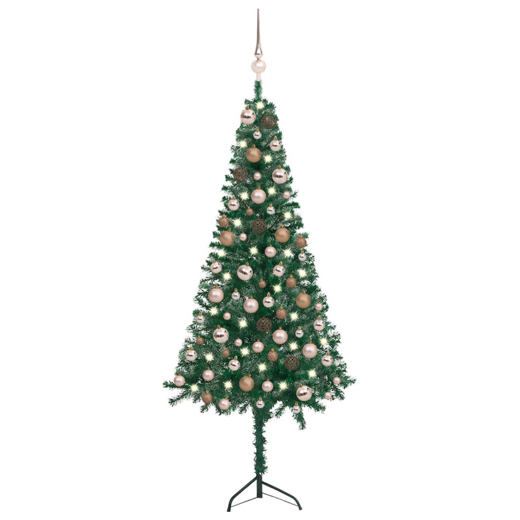  Plastgran för hörn med LED och julgranskulor grön 120 cm PVC