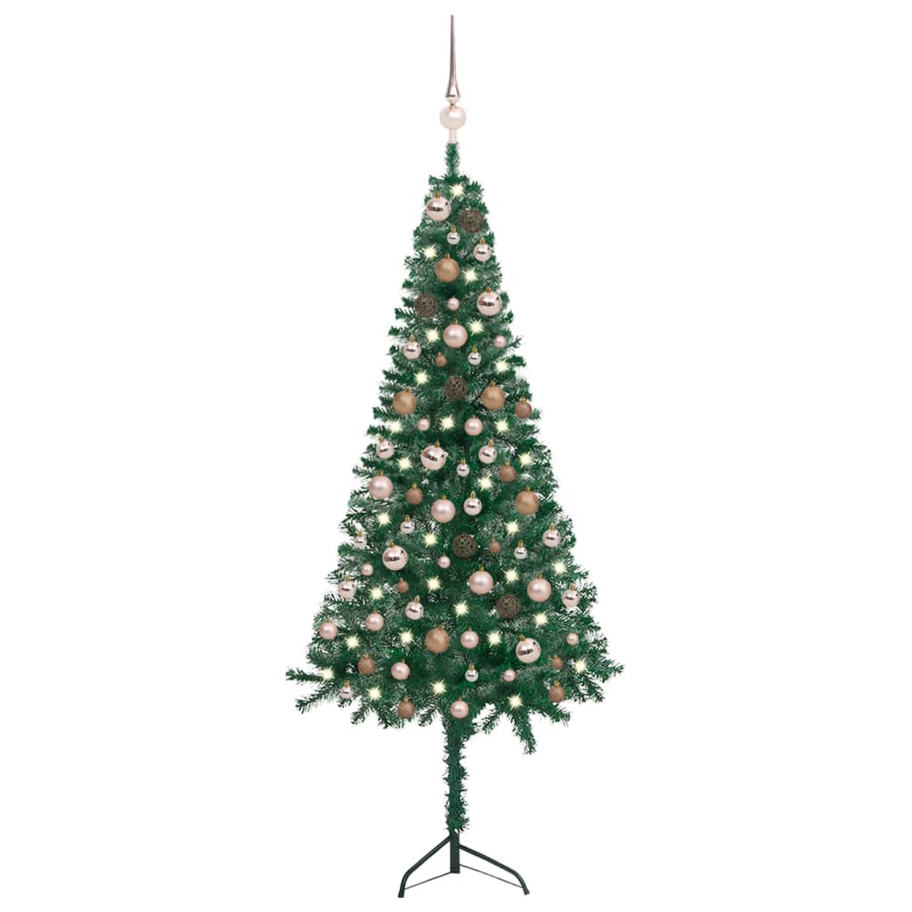  Plastgran för hörn med LED och julgranskulor grön 150 cm PVC