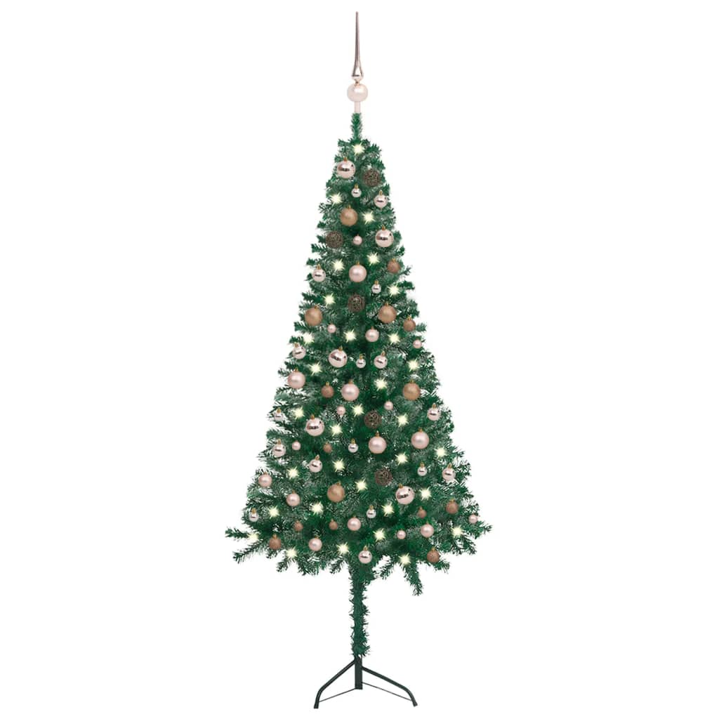  Plastgran för hörn med LED och julgranskulor grön 180 cm PVC