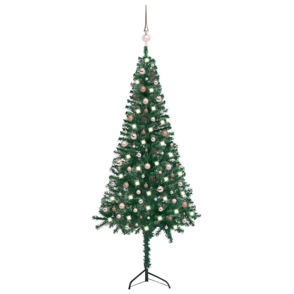  Plastgran för hörn med LED och julgranskulor grön 240 cm PVC