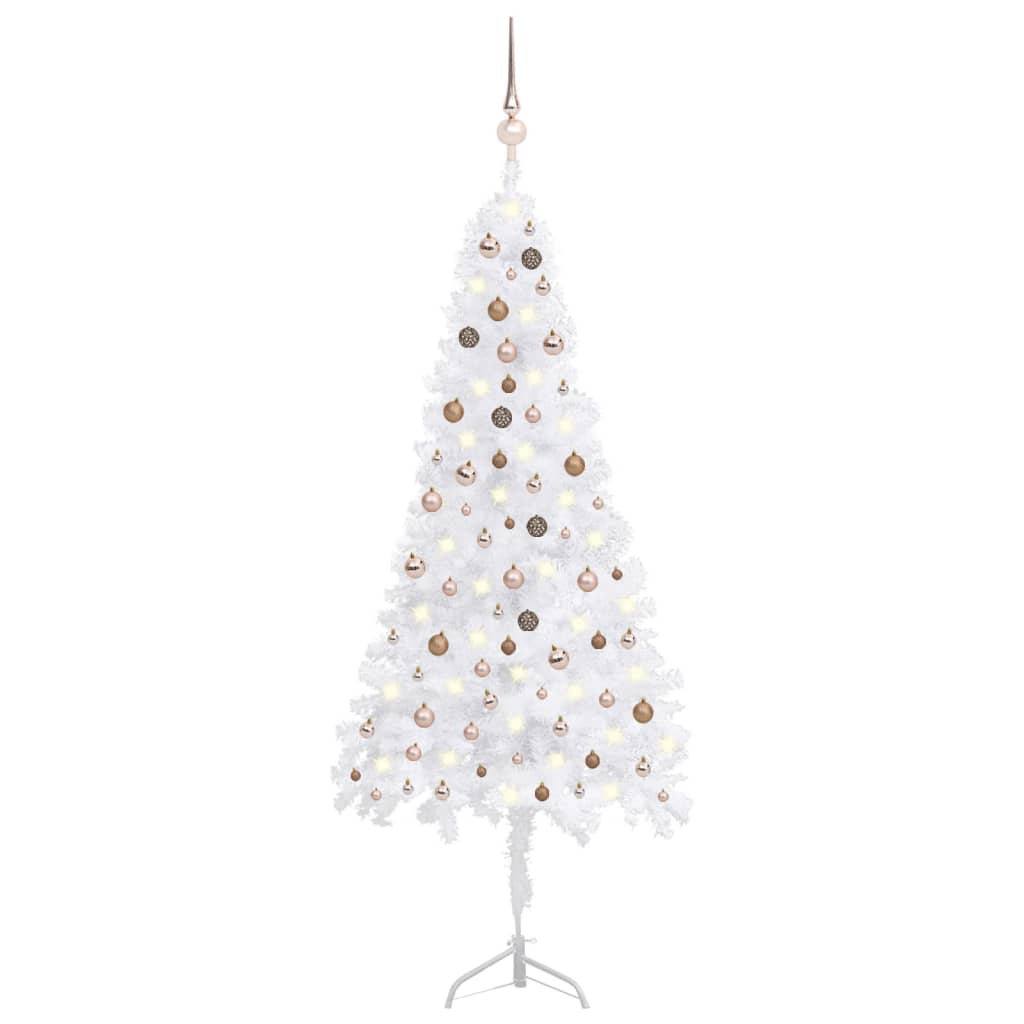  Plastgran för hörn med LED och julgranskulor vit 240 cm PVC