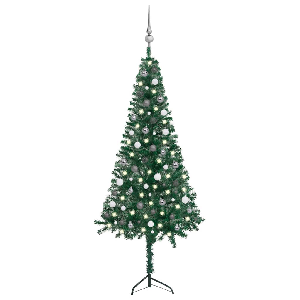  Plastgran för hörn med LED och julgranskulor grön 210 cm PVC