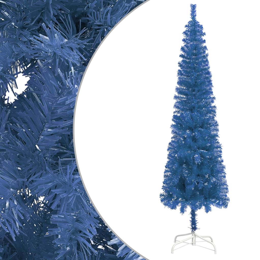  Plastgran smal med LED och julgranskulor blå 180 cm