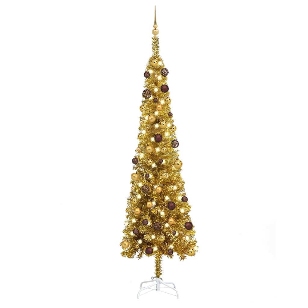  Smal plastgran med LED och julgranskulor guld 240 cm