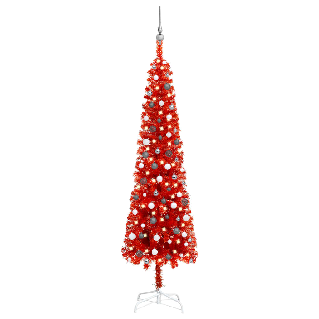  Plastgran smal med LED och julgranskulor röd 240 cm