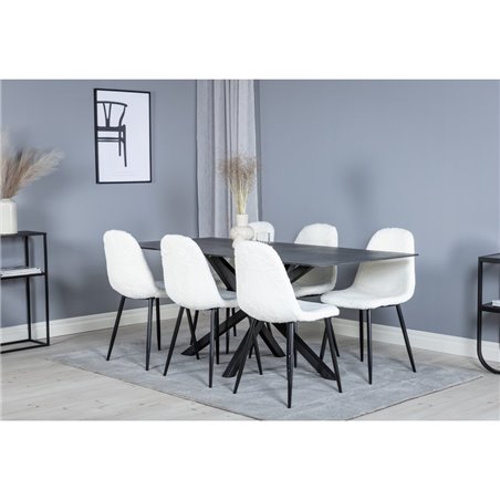 Ruokailuryhmä - Ruokapöytä Piazza 180x90 cm - Lasi / Spraystone / Harmaa + 6 ruokapöydän tuolia Polar - Valkoinen Teddy / Musta