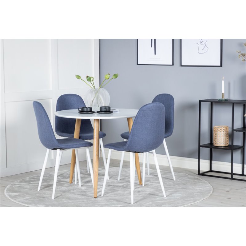 Polar Dining Table ø 90cm - White / Oak, Polar Dining Chair - White Legs - Blue Fabric_4