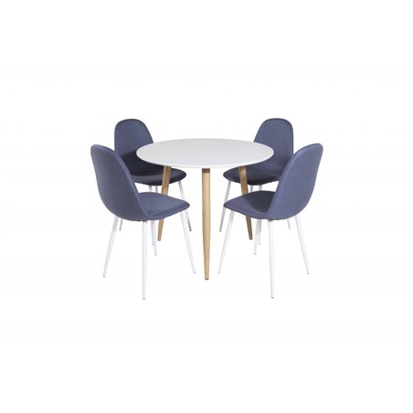 Polar Dining Table ø 90cm - White / Oak, Polar Dining Chair - White Legs - Blue Fabric_4