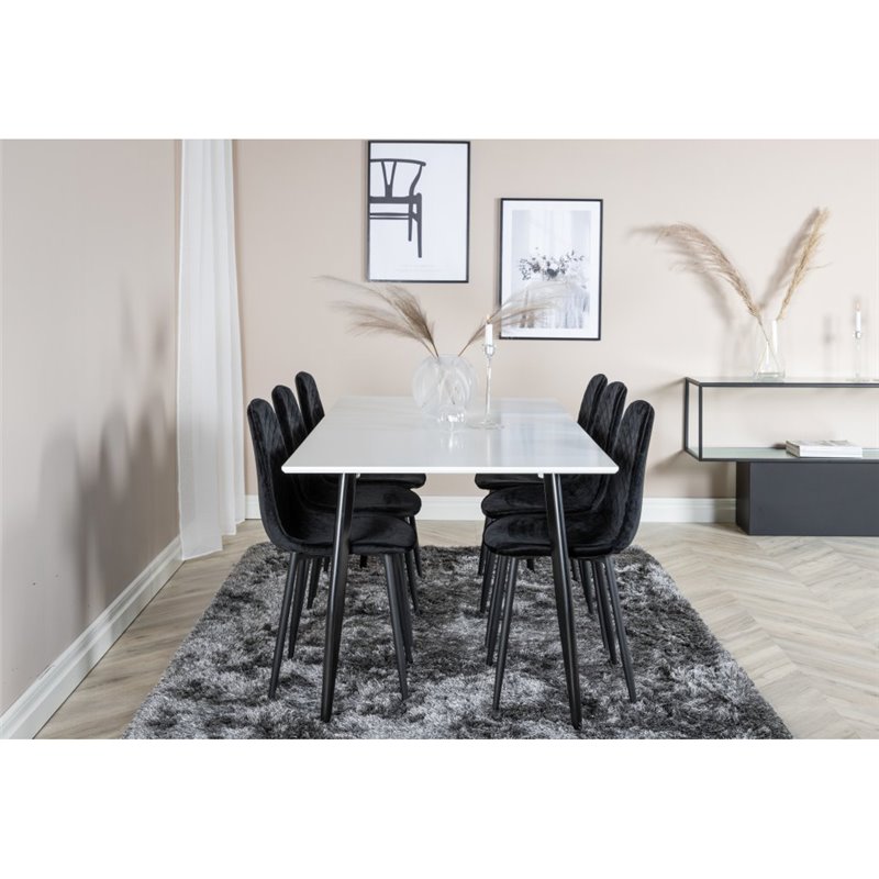 Polar Dining Table - 180*90*H75 - White / Black, Polar Diamond Dining Chair - Black Legs - Black Velvet_6