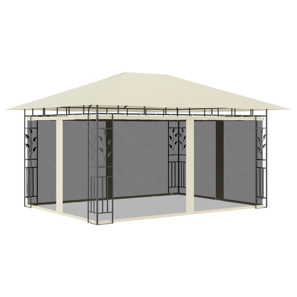  Paviljong med myggnät och ljusslinga LED 4x3x2,73 m gräddvit