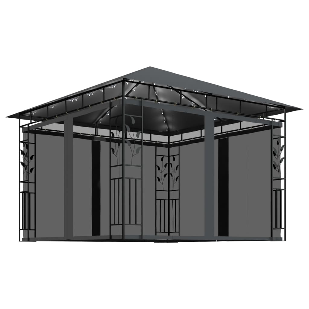  Paviljong med myggnät och ljusslinga LED 3x3x2,73m antracit