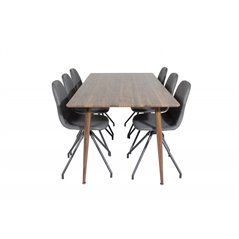 Polar Dining Table 180 cm - Walnut top - Walnut Legs, Polar Dining Chair with Spin function - black Legs - Black PU - Black Stit