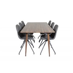 Polar Spisebord 180 cm - Top af valnød - Ben af valnød, Polar spisebordsstol med Spin funktion - sorte ben - Sort PU - Sort Stit