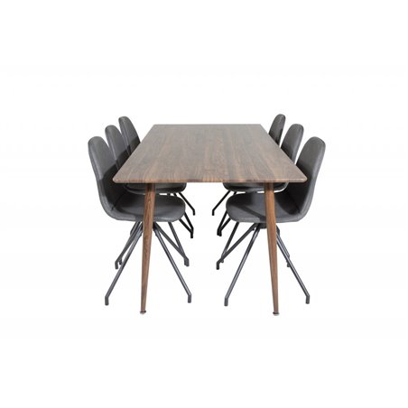 Polar Dining Table 180 cm - Walnut top - Walnut Legs, Polar Dining Chair with Spin function - black Legs - Black PU - Black Stit