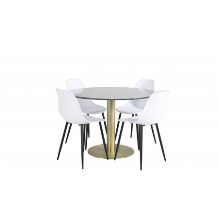 Estelle Pyöreä ruokapöytä ø106 H75 - musta / messinki, Polar Plastic ruokapöydän tuoli - mustat jalat / valkoinen Pla Pla