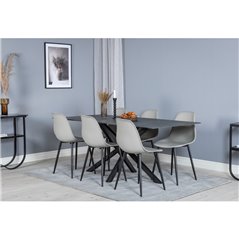 Ruokailuryhmä - Ruokapöytä Piazza 180x90 cm - Spray lasi / Stone-Look / Musta + 6 kpl Ruokapöydän tuoli Polar - Harmaa / Musta