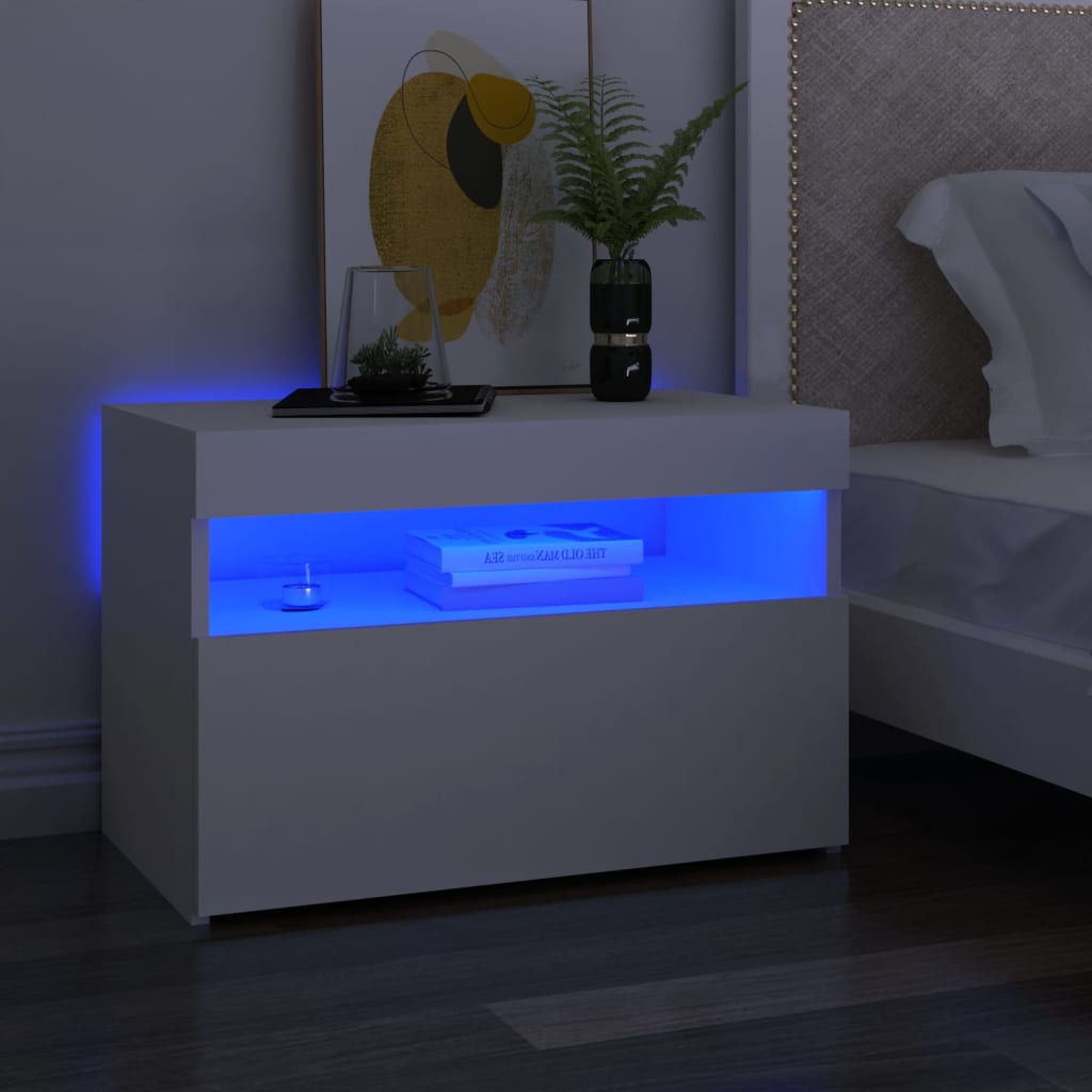  Sängbord med LED-belysning 2 st vit 60x35x40 cm spånskiva