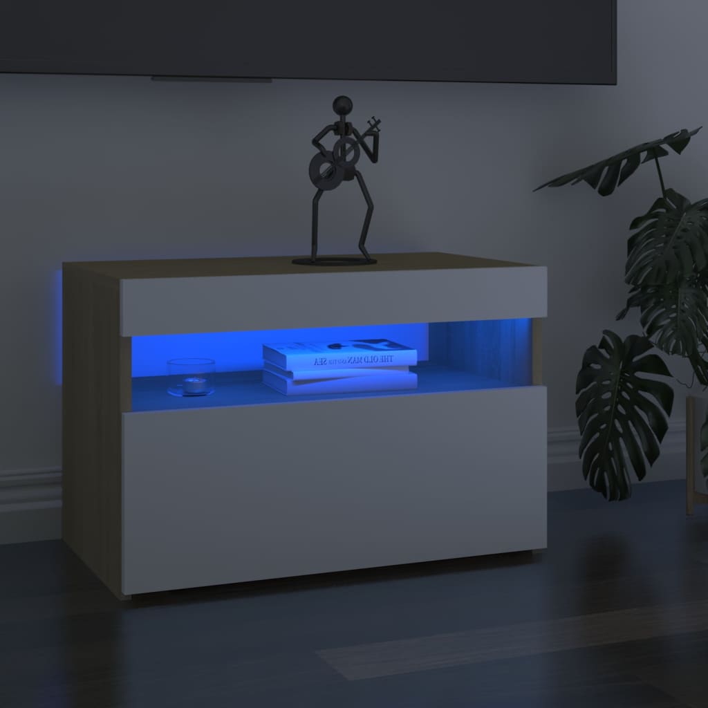  Sängbord med LED-belysning vit och sonoma-ek 60x35x40 cm