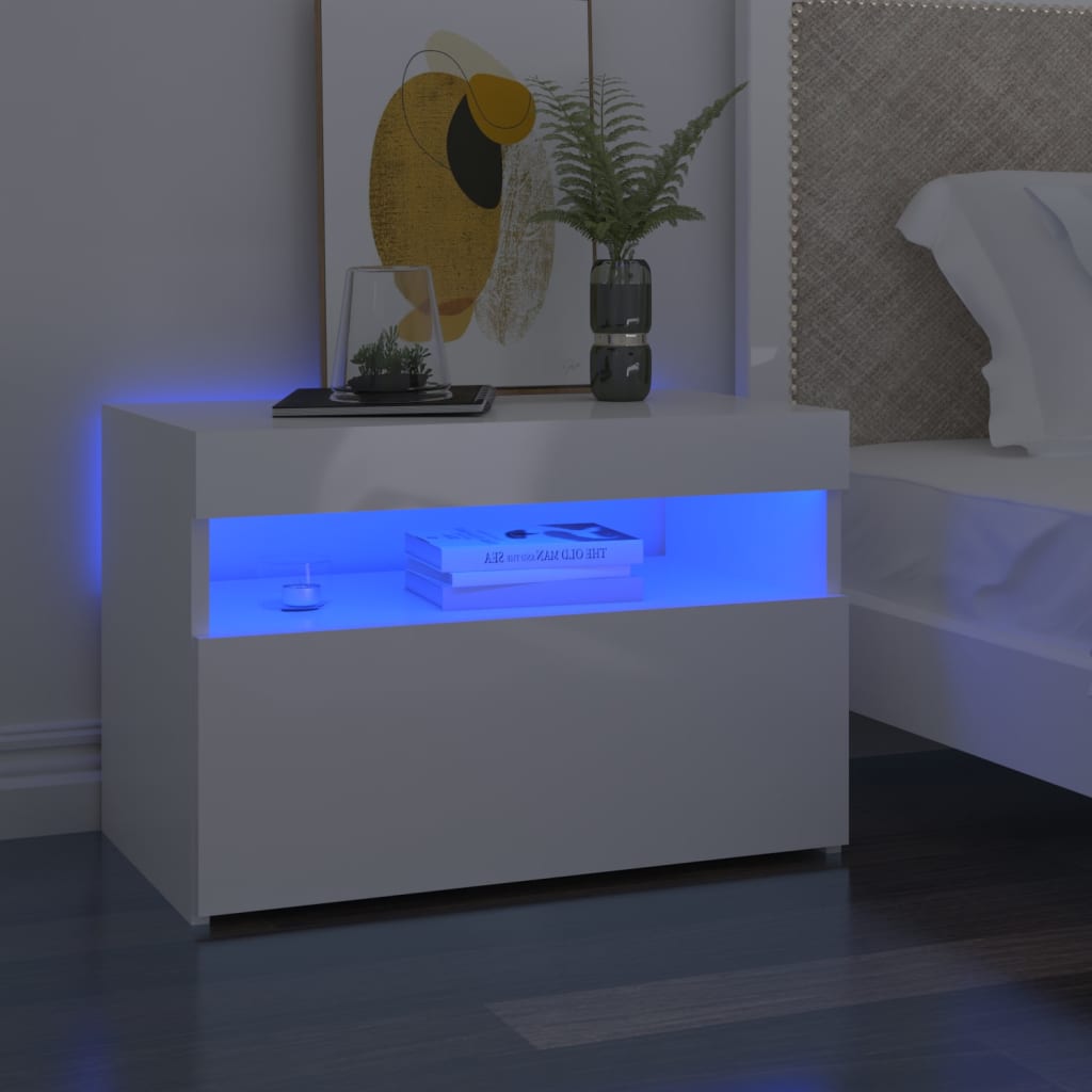  Sängbord med LED-belysning 2 st vit högglans 60x35x40 cm