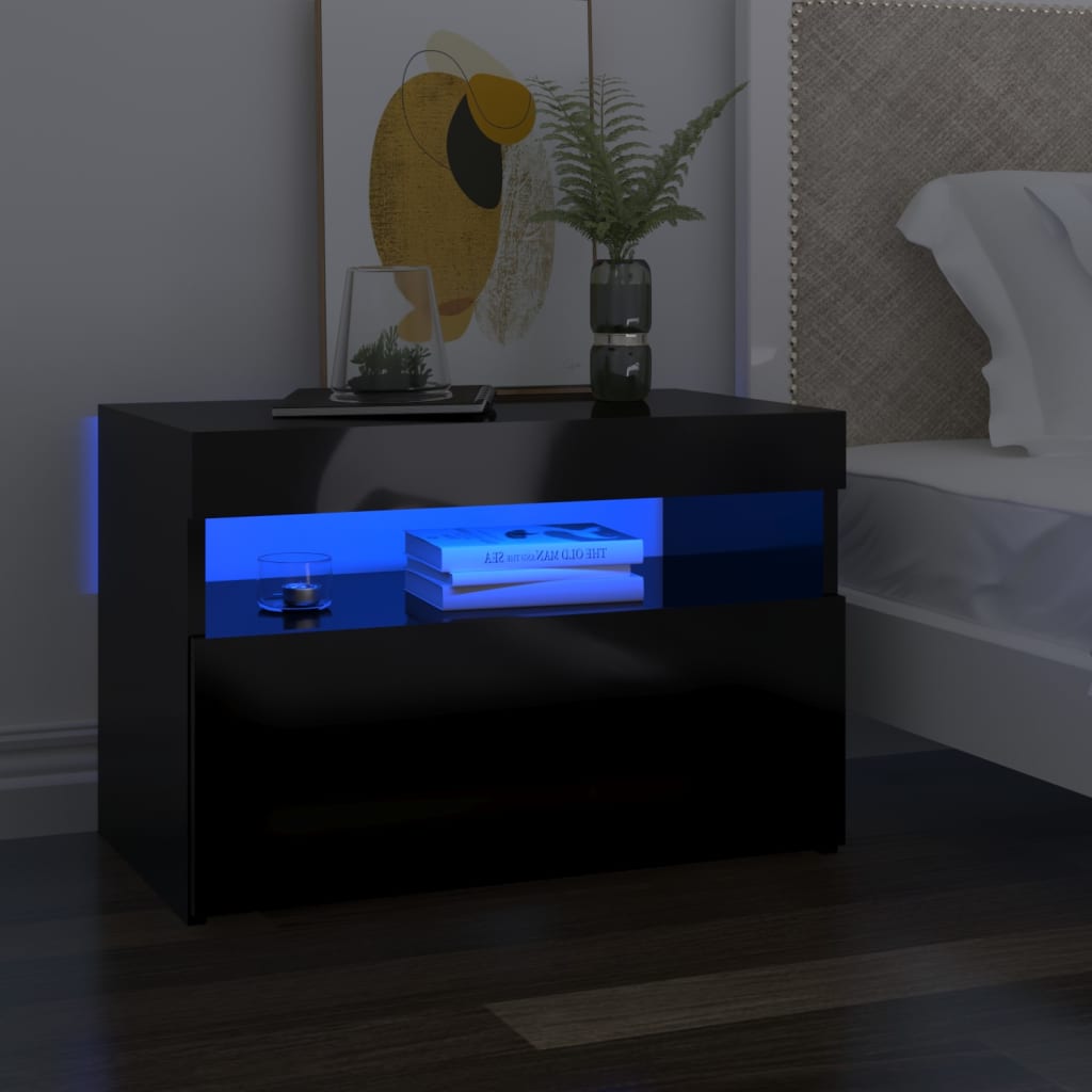 Sängbord med LED-belysning 2 st svart högglans 60x35x40 cm