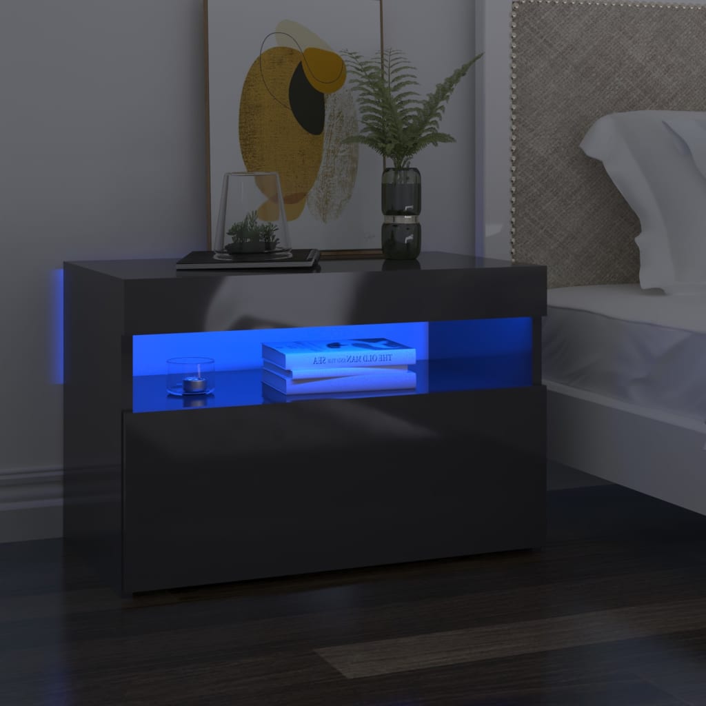  Sängbord med LED-belysning 2 st grå högglans 60x35x40 cm
