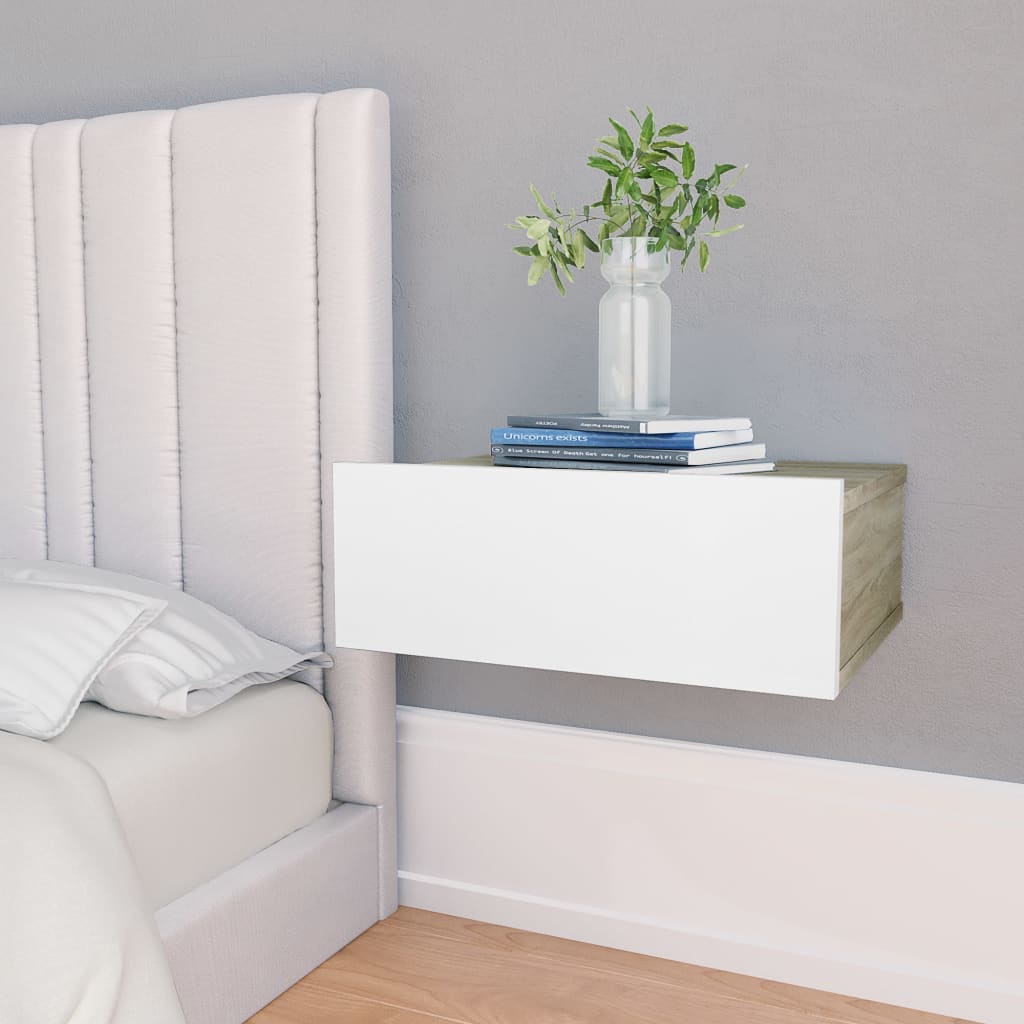  Svävande sängbord 2 st vit och sonoma-ek 40x30x15 cm spånskiva