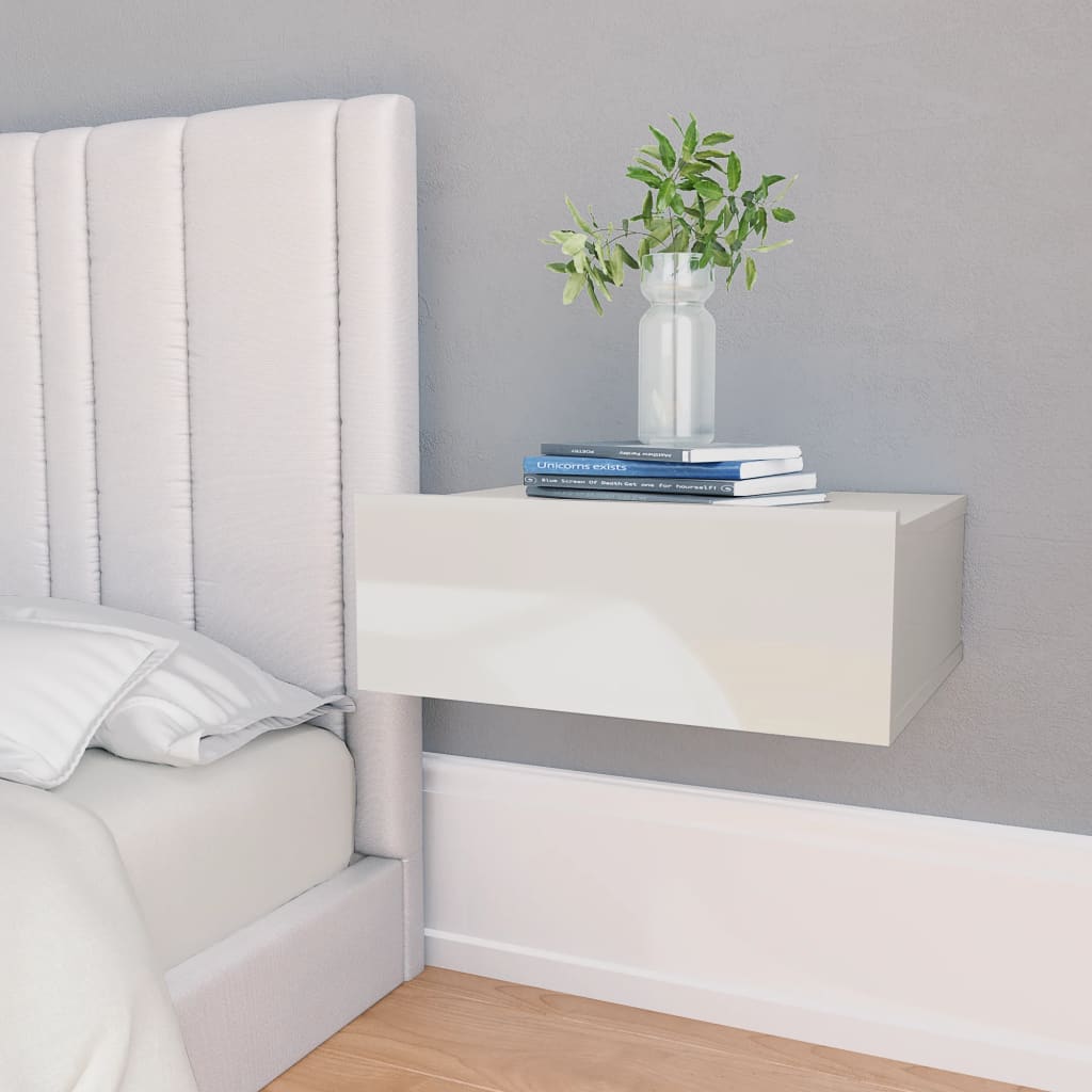  Svävande sängbord 2 st vit högglans 40x30x15 cm spånskiva