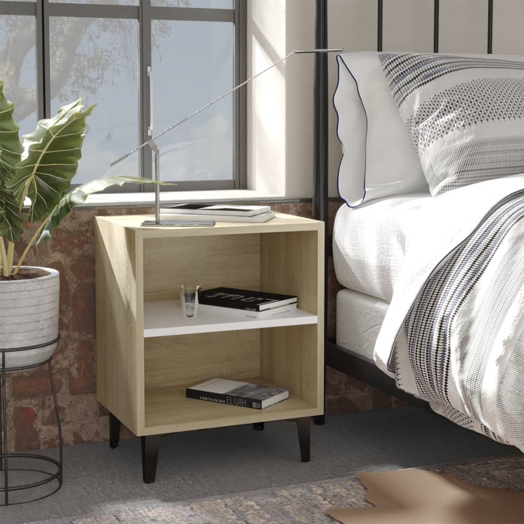  Sängbord med metallben sonoma-ek och vit 40x30x50 cm