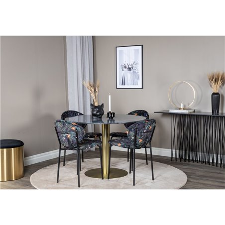 Estelle Round Dining Table ø106 H75 - Black / Brass, Vault Dining Chair - Black legs - Black Flower printed fabric_4