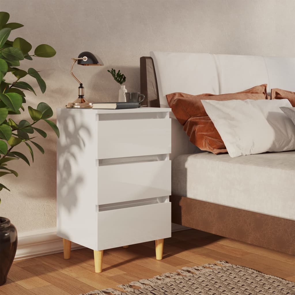  Sängbord med ben i massivt trä vit högglans 40x35x69 cm