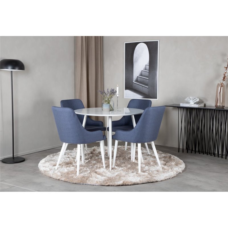 Plaza Round Table 100 cm - White top / White Legs, Plaza Dining Chair - White Legs - Blue Fabric_4