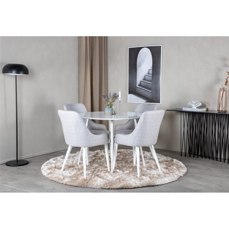 Plaza Round Table 100 cm - White top / White Legs, Plaza Dining chair - White legs - Light  Grey Fabric_4