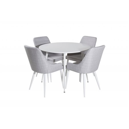 Plaza Round Table 100 cm - White top / White Legs, Plaza Dining chair - White legs - Light Grey Fabric_4