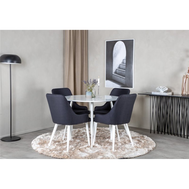 Plaza Round Table 100 cm - White top / White Legs, Plaza Dining Chair - White Legs - Black Fabric_4