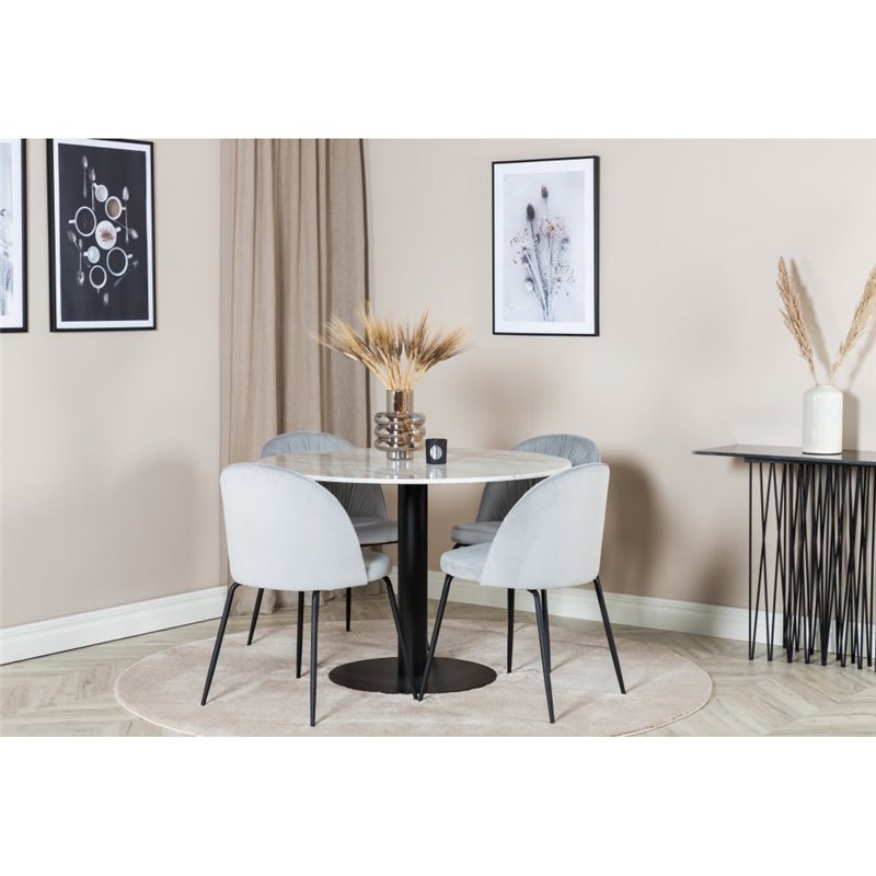 Estelle Round Dining Table ø106 H75 - White / Black, Wrinkles Dining Chair - Black Legs - Grey Velvet_4
