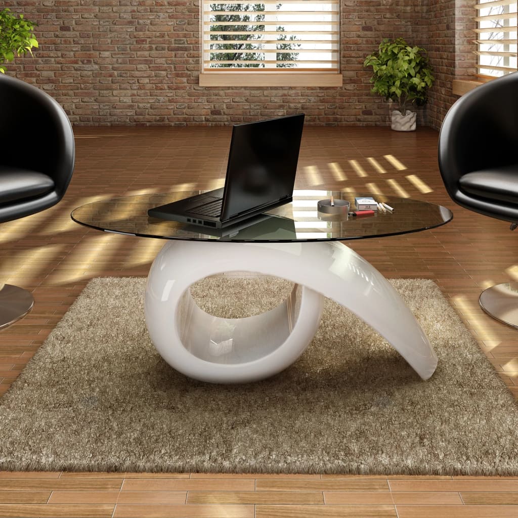  Soffbord med oval bordsskiva i glas högglans vit