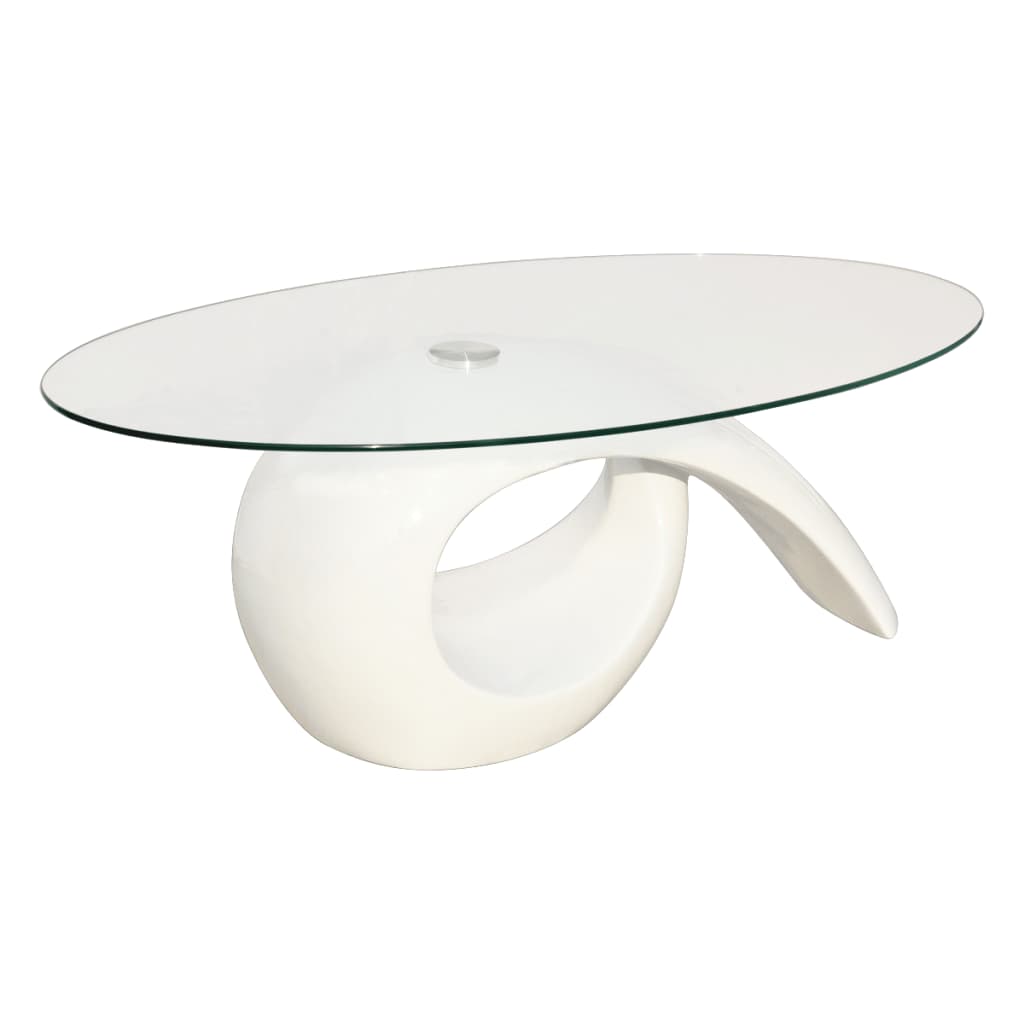  Soffbord med oval bordsskiva i glas högglans vit