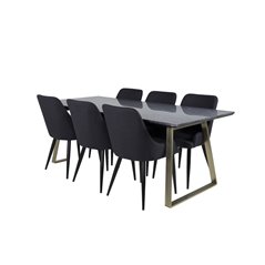 Estelle Dining Table 200*90*H76 - Grey / Brass, Plaza Dining Chair - Black Legs - Black Fabric_6