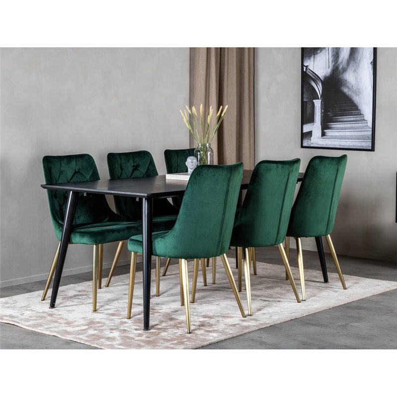 Dipp Dining Table - 180*90cm - Black Veneer / all black legs , Velvet Deluxe Dining Chair - Green / Brass_6