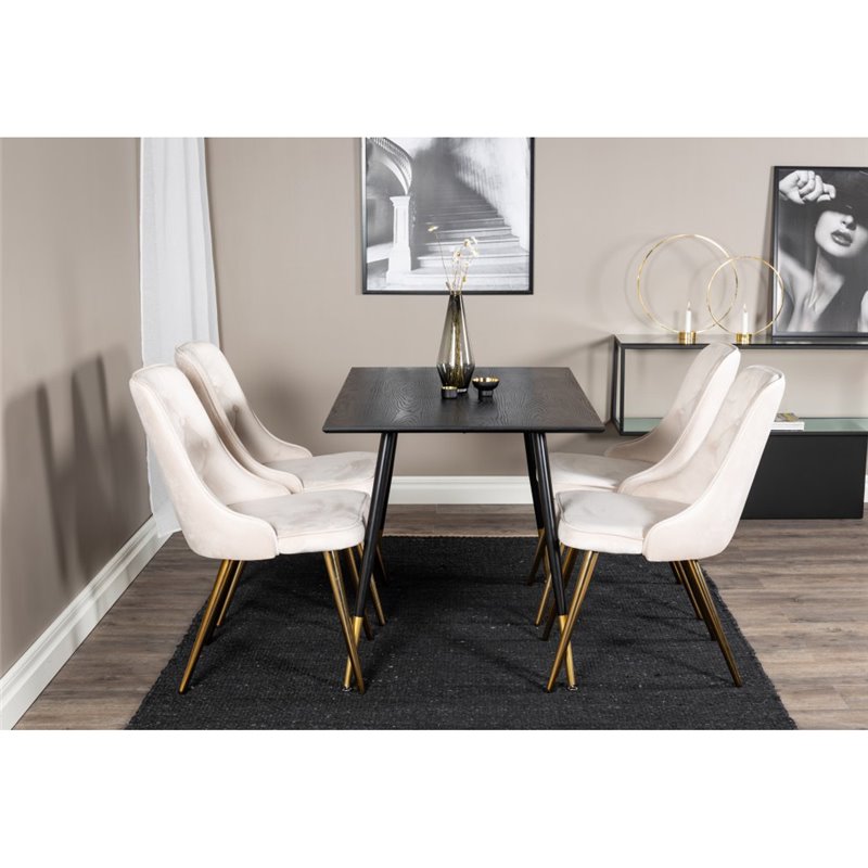 Dipp Dining Table - 120 cm - Black Veneer - Black Legs w, Brass dipp, Velvet Deluxe Dining Chair - Beige / Brass_4