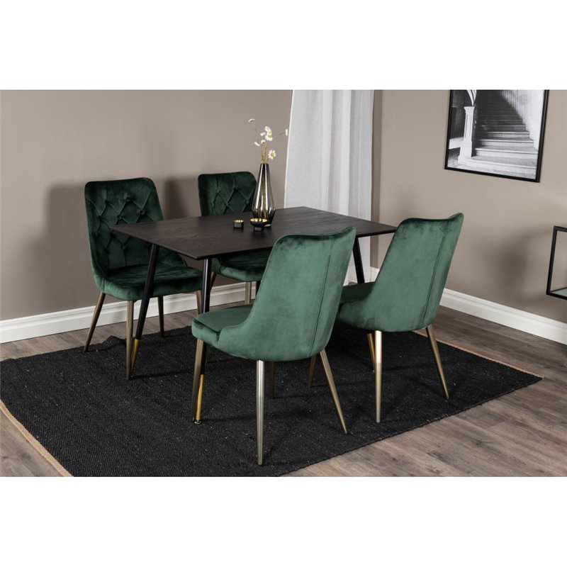 Dipp Dining Table - 120 cm - Black Veneer - Black Legs w, Brass dipp, Velvet Deluxe Dining Chair - Green / Brass_4