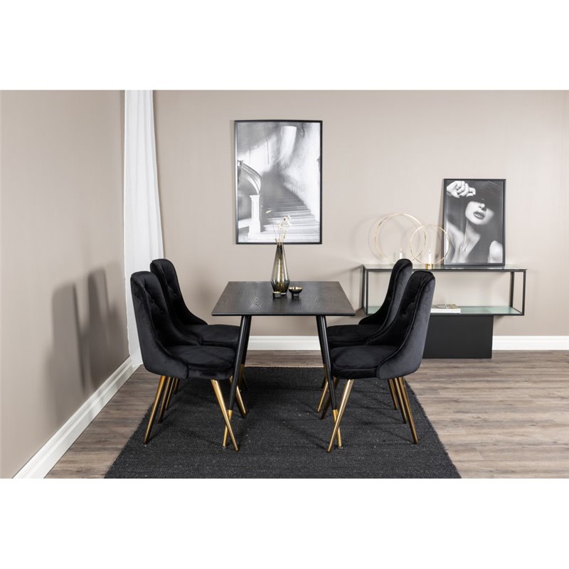 Dipp Dining Table - 120 cm - Black Veneer - Black Legs w, Brass dipp, Velvet Deluxe Dining Chair - Black / Brass_4