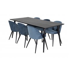 Dipp ruokapöytä - 180 * 90 cm - musta viilu / kaikki mustat jalat, sametti ruokapöytä - Blue / musta_6