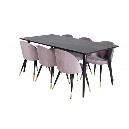 Dipp Dining Table - 180*90cm - Black Veneer / all black legs , Velvet Dining Chair Brass - Pink / Black_6