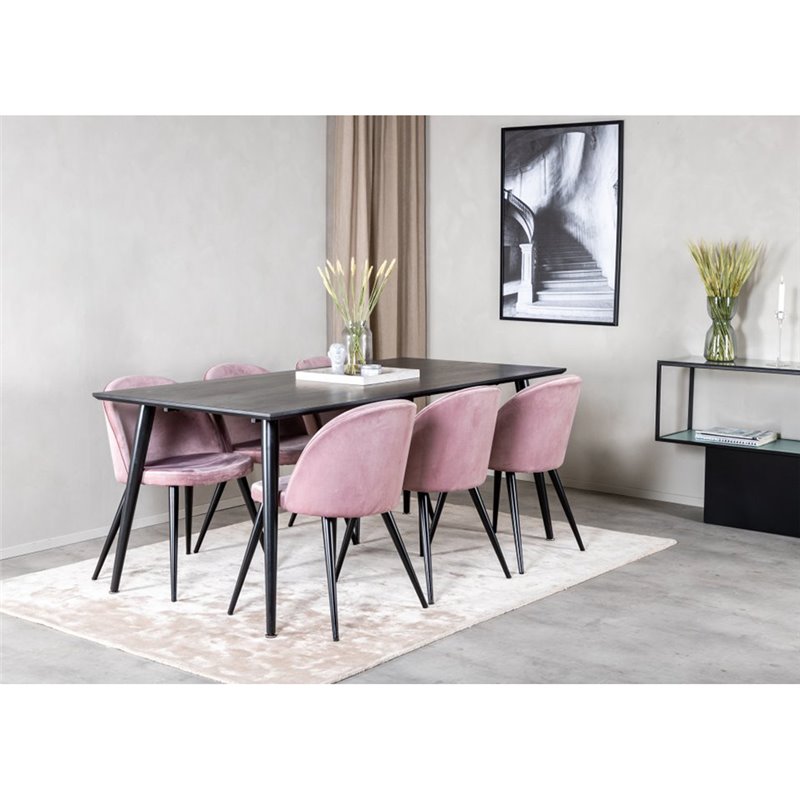 Dipp Dining Table - 180*90cm - Black Veneer / all black legs , Velvet Dining Chair - Pink / Black_6