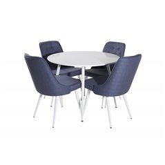 Plaza Round Table 100 cm - White top / White Legs, Velvet Deluxe Dining Chair - White Legs - Blue Fabric_4
