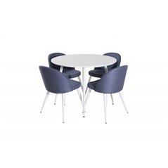 Plaza Round Table 100 cm - White top / White Legs, Velvet Dining Chiar - White legs - Blue Fabric_4